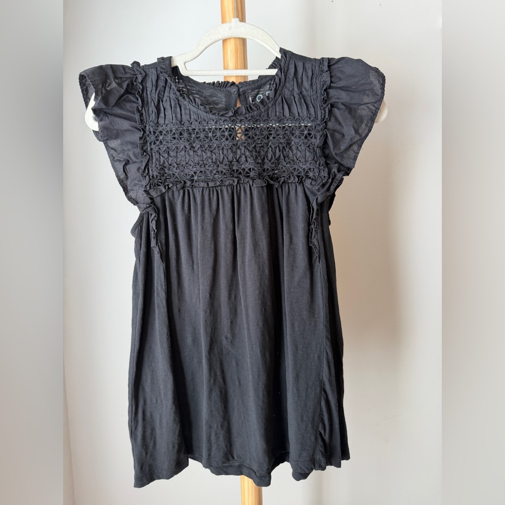 Loft Ruffle Sleeved Blouse Black Smocked Lace Top Cotton Size Small